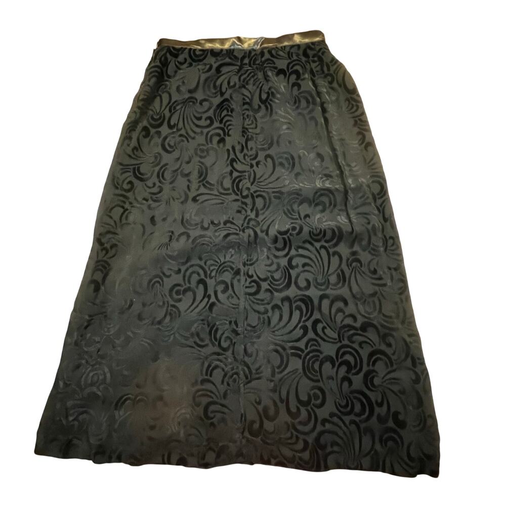 Vintage Black Flocked Velvet Midi Skirt Gothic Romantic A-Line Women M Lined